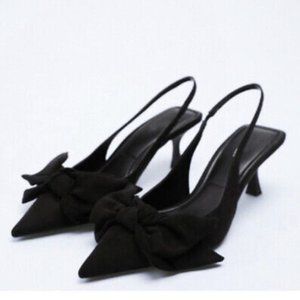 Zara Faux Suede Slingback With Bow Shoes Black - Size 7
